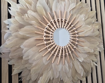 Beige juju hat, beige feathers, boho wall decoration with mirror "KHNOUM"