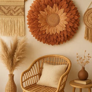 Large JujuHat Wall Hanging in Ochre and Beige Feathers — Boho and Ethnic Chic Wall Decor — Handmade