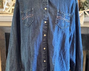 Y2K Women’s Denim Wrangler Pear Button Snap Top Large Americana Western Cowgirl