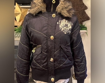 Y2K Lot 29 Black Puffer Bomber Coat Jacket Gold Trim Fur Lining Hood Vintage XL