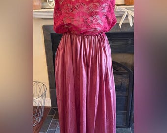 Vintage Peignoir Lace Duster Maxi Slip Dress Gown Set Old Hollywood Glamour MED
