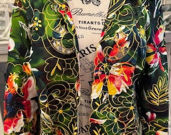 Vintage Floral Embroidered Cutout Scalloped Open Blazer Jacket Artsy Tropical M