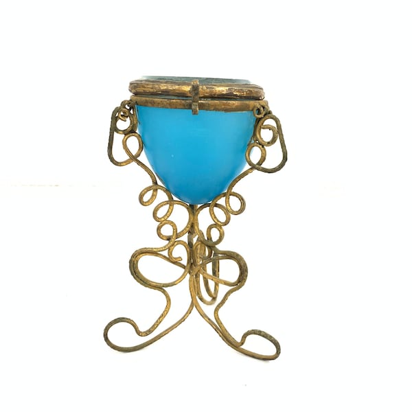 Vintage Faberge Blue opaque glass Egg Jewel case