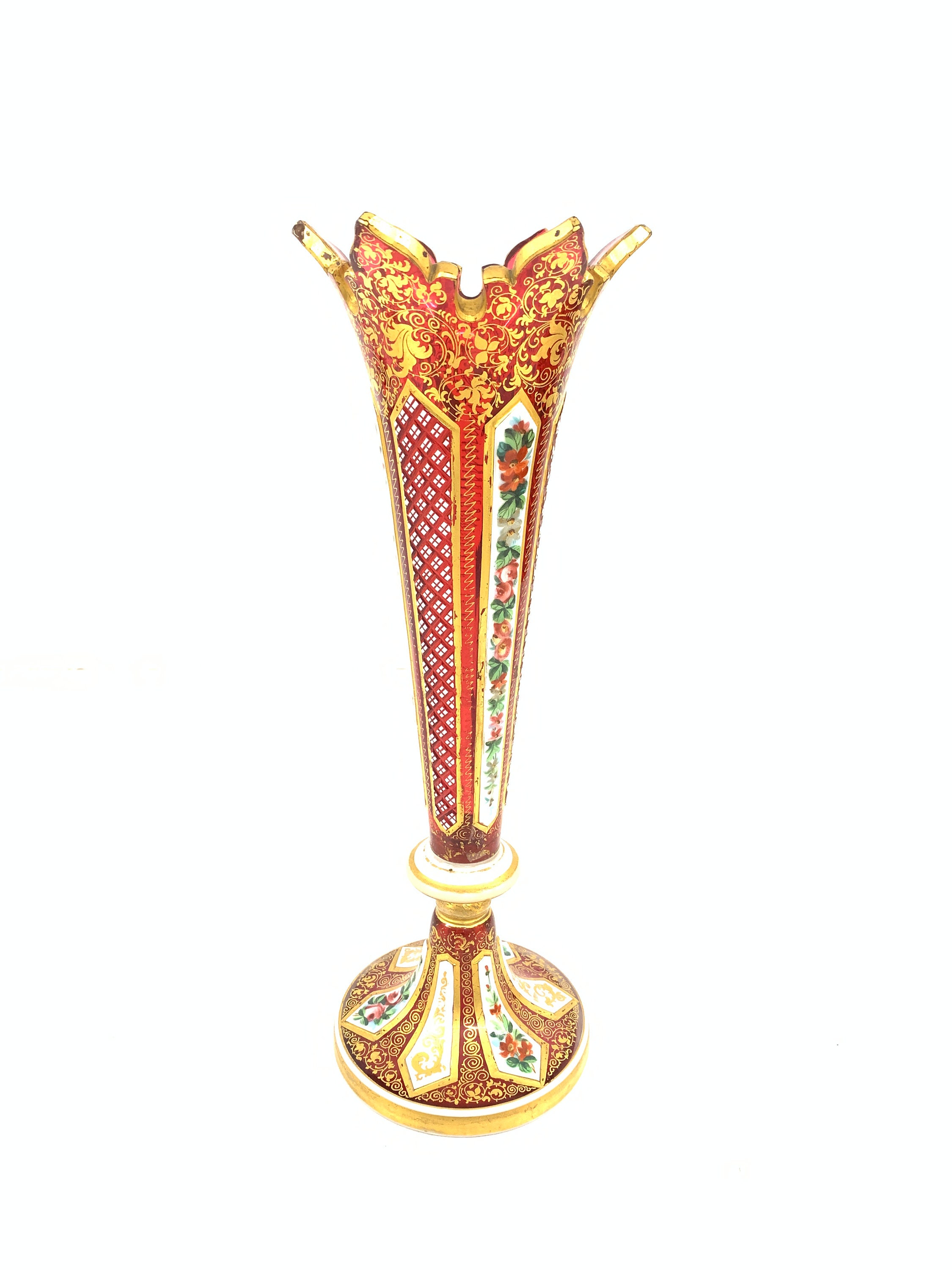 Vintage Bohemian Overlay Glass Vase With Gold Work Vintage Bohemian