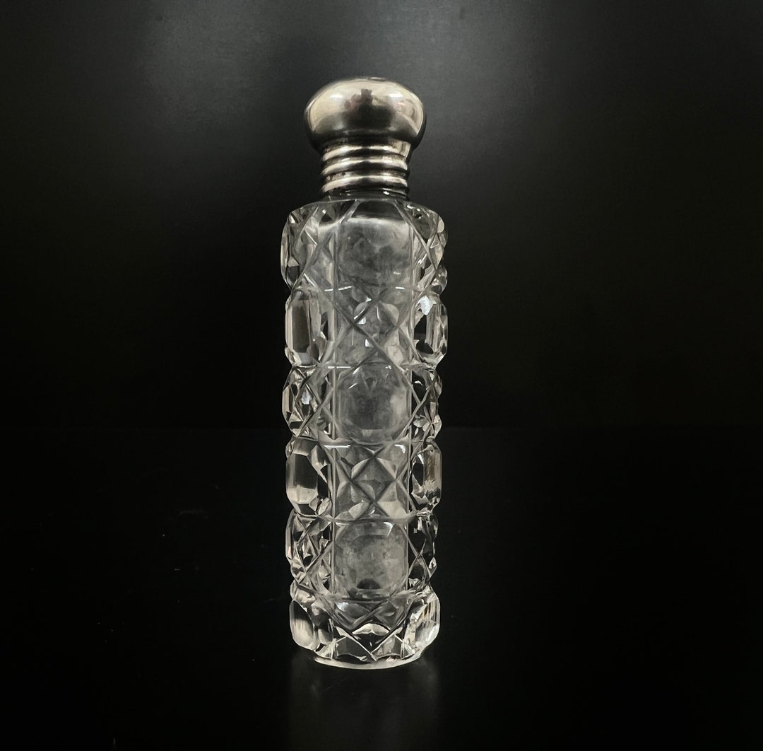 Antique Small Cut Glass Scent Perfume Bottle With Silver Cap