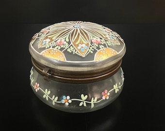 アンティーク　アールデコ　ヌーヴォー　ガラスのパフケース　小物入れ　化粧小物 アンティークアールデコヌーヴォーガラスのパフケース小物入れ化粧小物