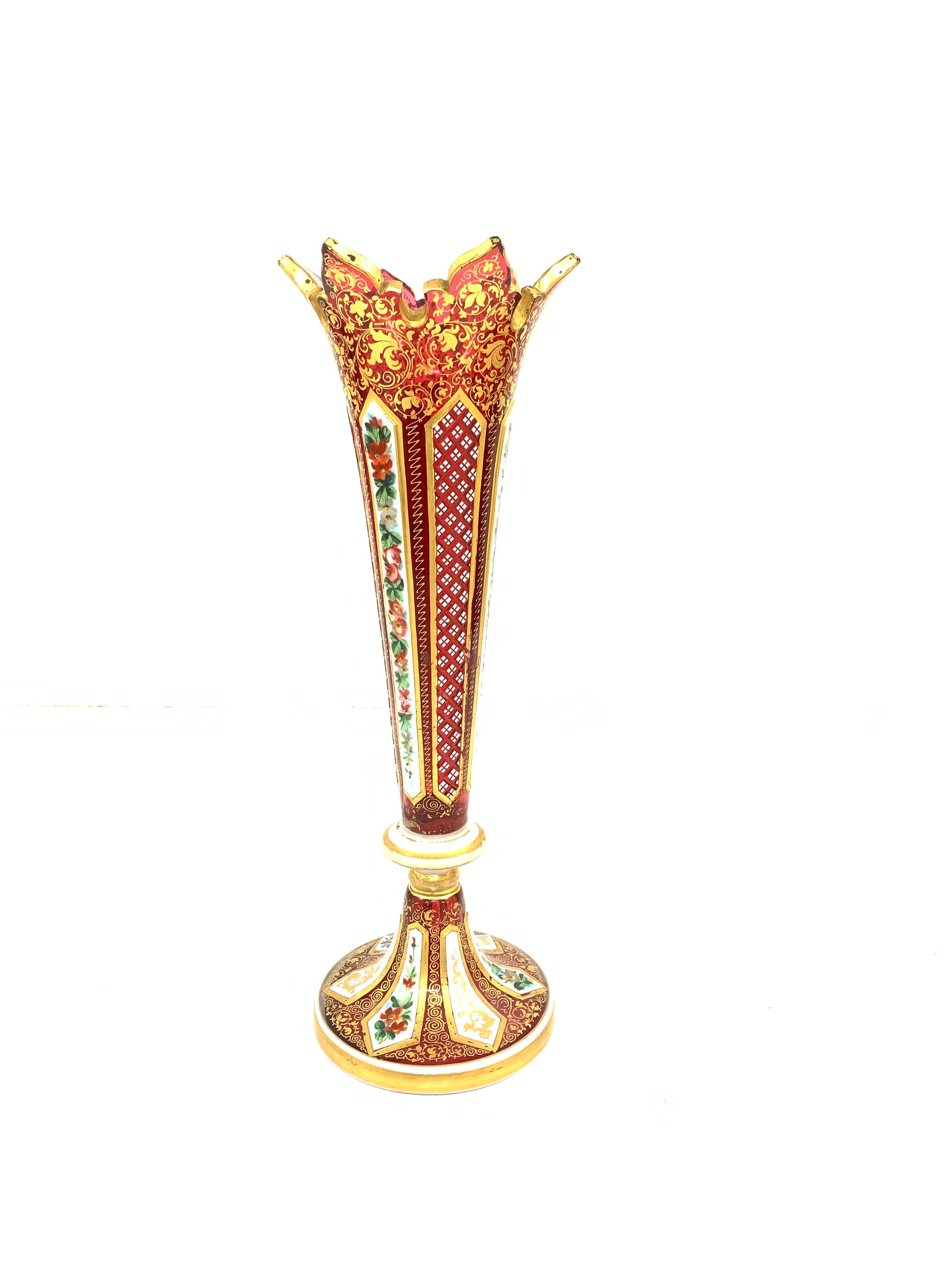 Vintage Bohemian Overlay Glass Vase With Gold Work Vintage Bohemian