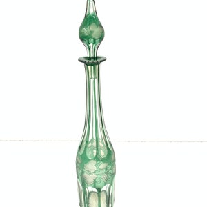 Vintage Egermann Bohemian Cut to clear  Green Decanter | Vintage Venetian bottles | Vintage Green Carafe