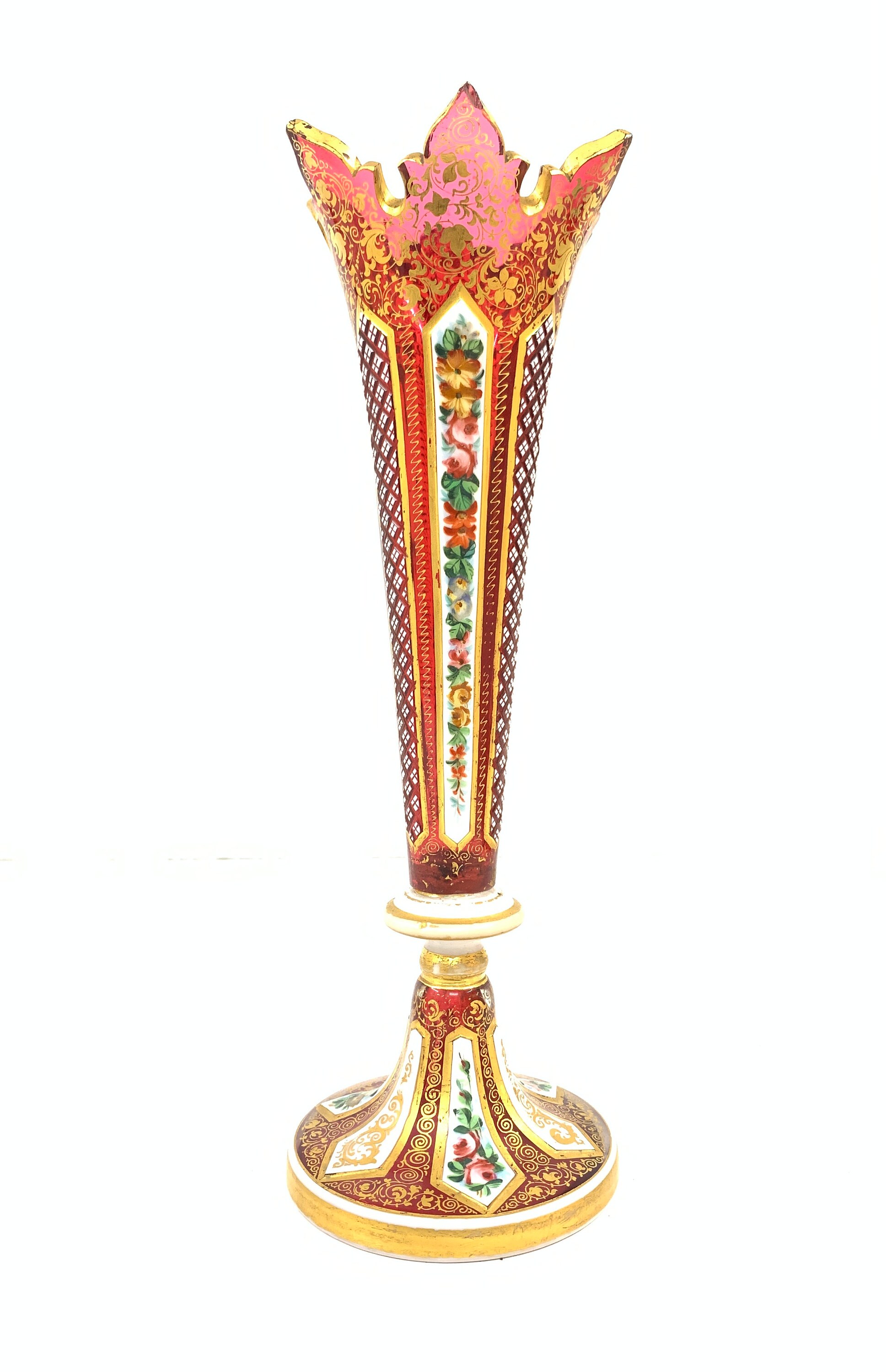 Vintage Bohemian Overlay Glass Vase With Gold Work Vintage Bohemian