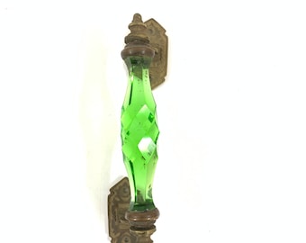 Victorian Style Crystal Glass Brass Fitting Handle \ Green Cut Glass Wardrobe Handle
