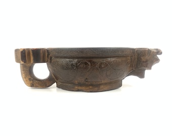 Vintage Opium Bowl | Antique Wooden Opium Water Kharal Bowl Oval Shape Original Old Hand Carved
