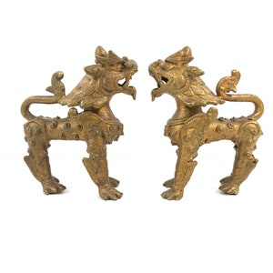 Vintage Metal Pair of Nepalese Temple Guardian Lions| Animal Figurines| Nepalese | Nepalese Antiques| Chinese Foo Dog| Fu DOg