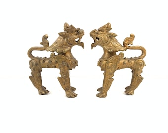 Vintage Metal Pair of Nepalese Temple Guardian Lions| Animal Figurines| Nepalese | Nepalese Antiques| Chinese Foo Dog| Fu DOg