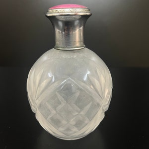 Vintage Cut Glass perfume bottle with original stopper and cap with enamel work