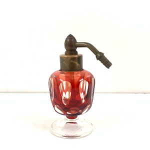 Vintage Cranberry cut to clear Glass Oval Design Atomiser | Antique Red Perfume Bottle