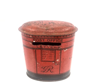 Vintage Burnett ltd Red tin Post box style Money Box, Sealed. Made in England