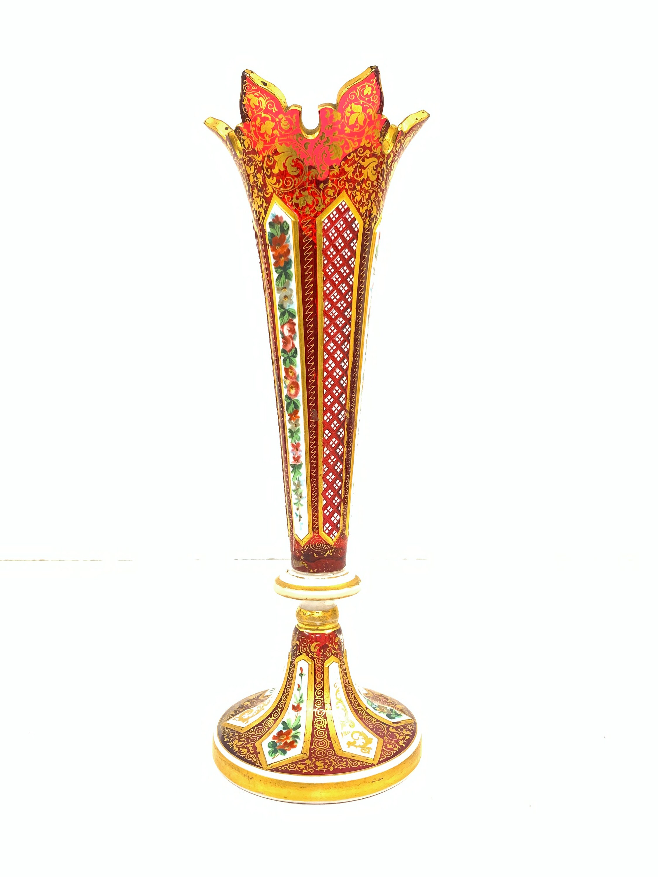 Vintage Bohemian Overlay Glass Vase With Gold Work Vintage Bohemian