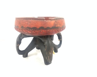 Vintage wooden ash tray with elephants