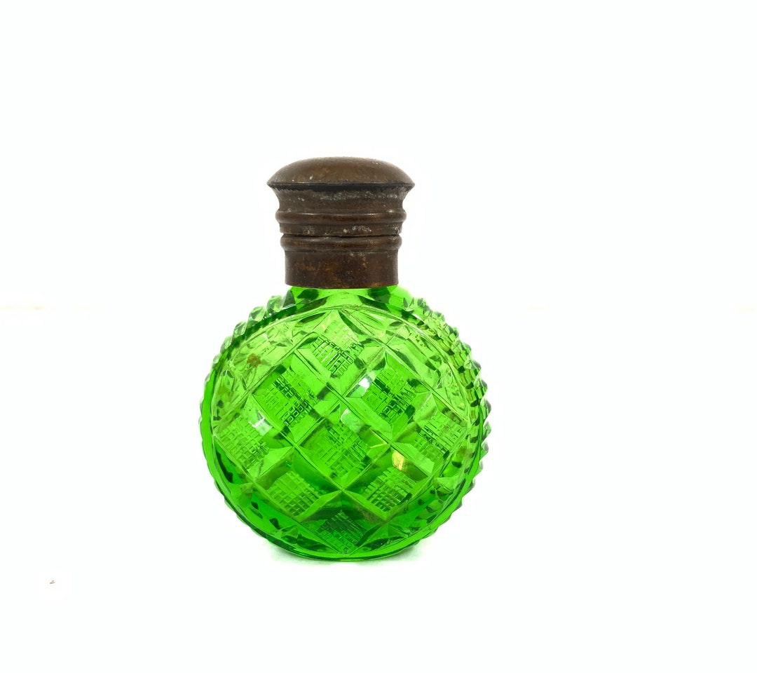 Vintage Cut Glass Green Perfume Bottle Etsy