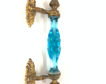 Victorian Style Crystal Glass Brass Fitting Handle \ Blue Cut Glass Wardrobe Handle