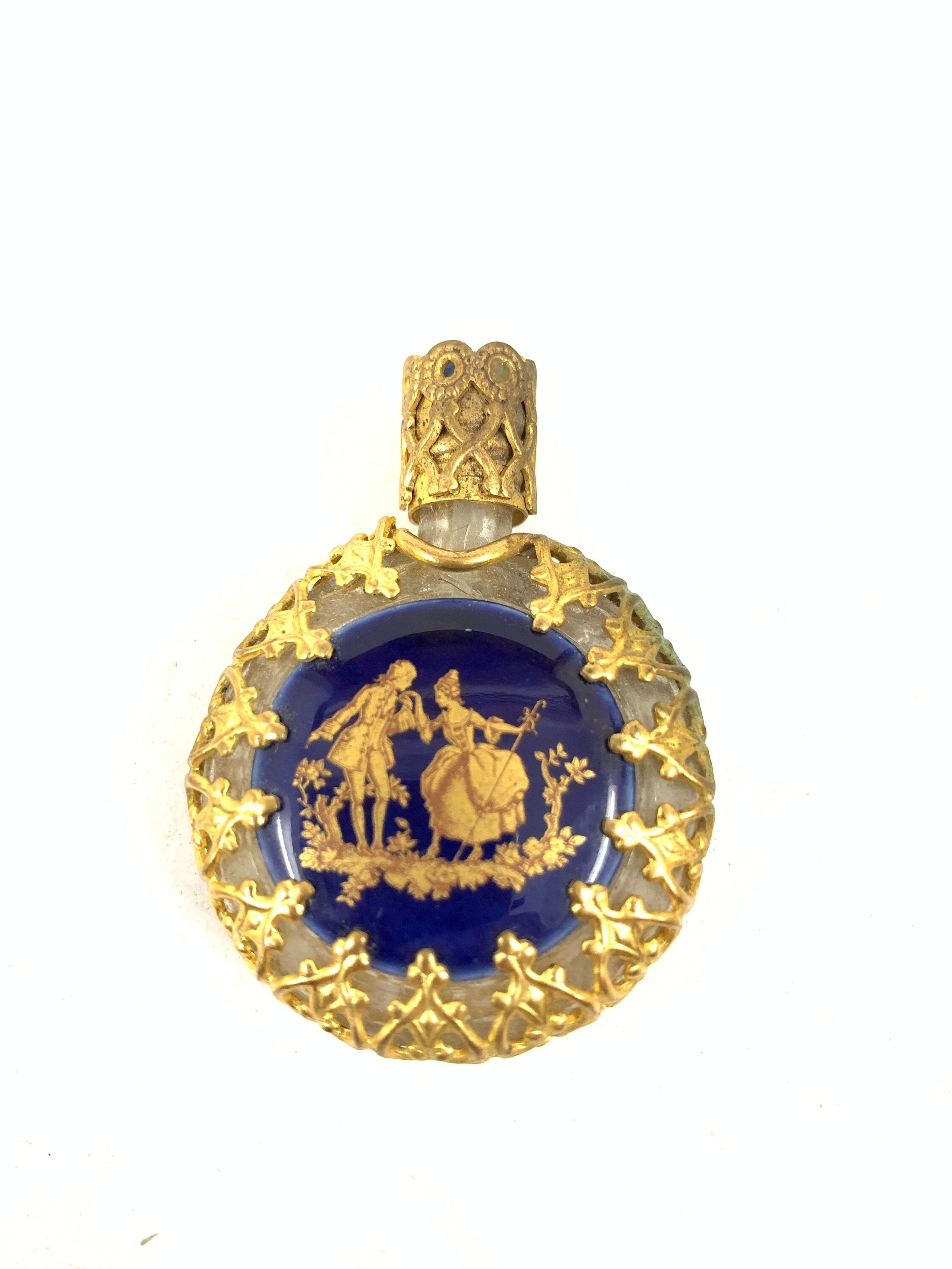 Vintage Small glass Perfume Bottle with brass ornate