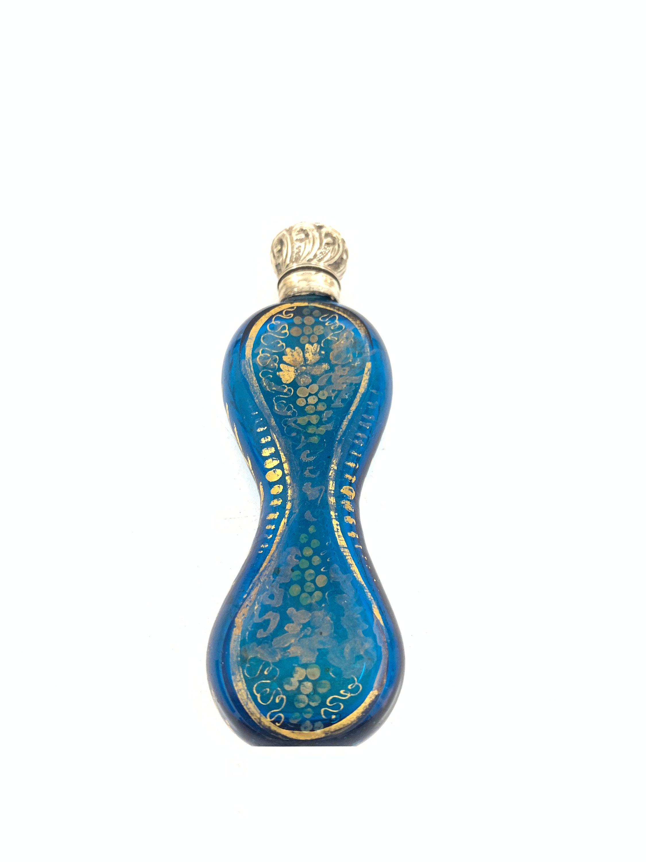 アンティーク フランス製 ターコイズブルー＆金箔ウエスト香水瓶 銀蓋