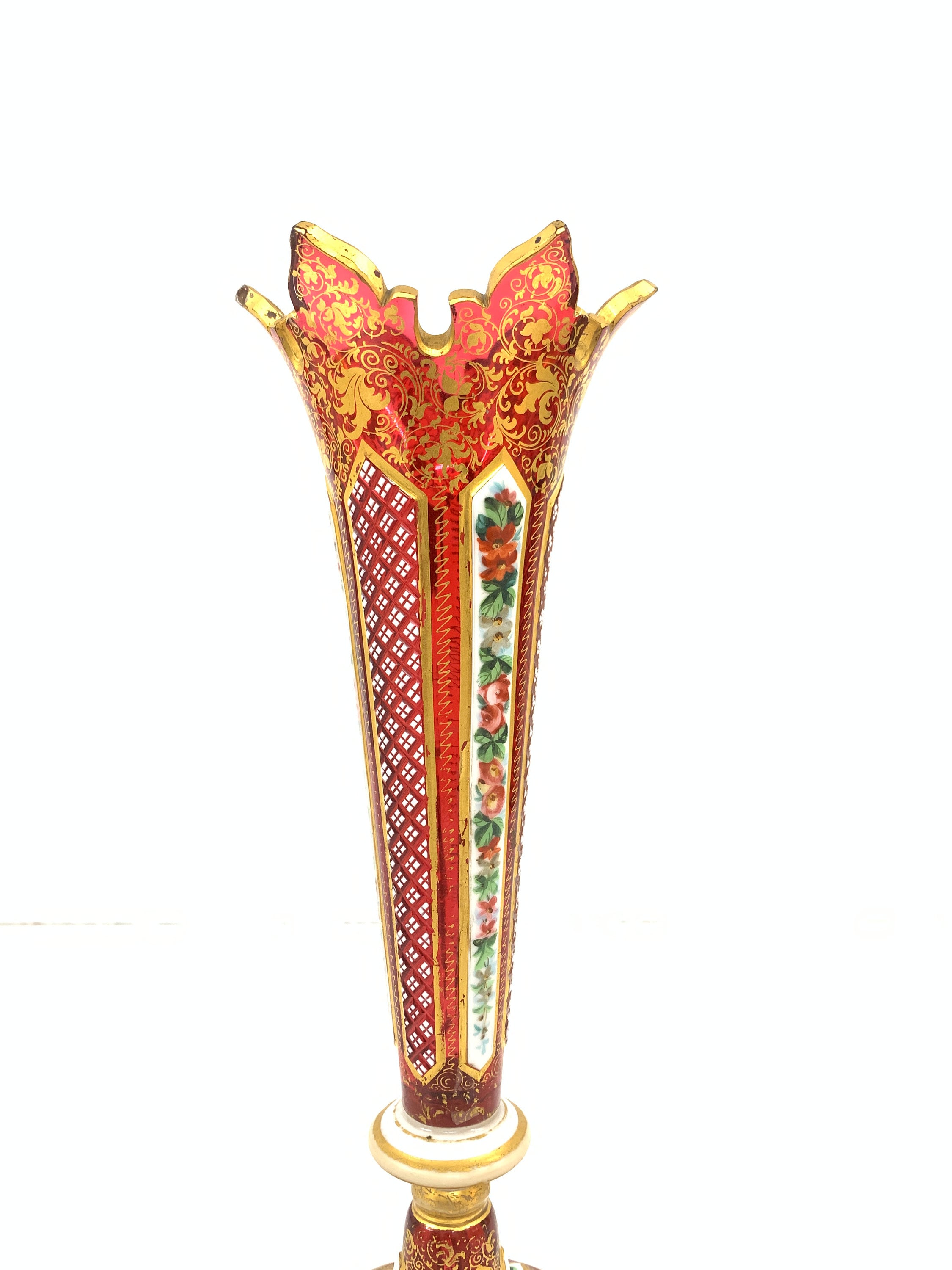 Vintage Bohemian Overlay Glass Vase With Gold Work Vintage Bohemian