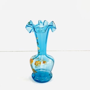 Vintage Blue Glass Flower Vase with floral design