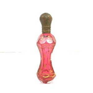 Vintage Bohemian glass pink perfume  bottle with gold work