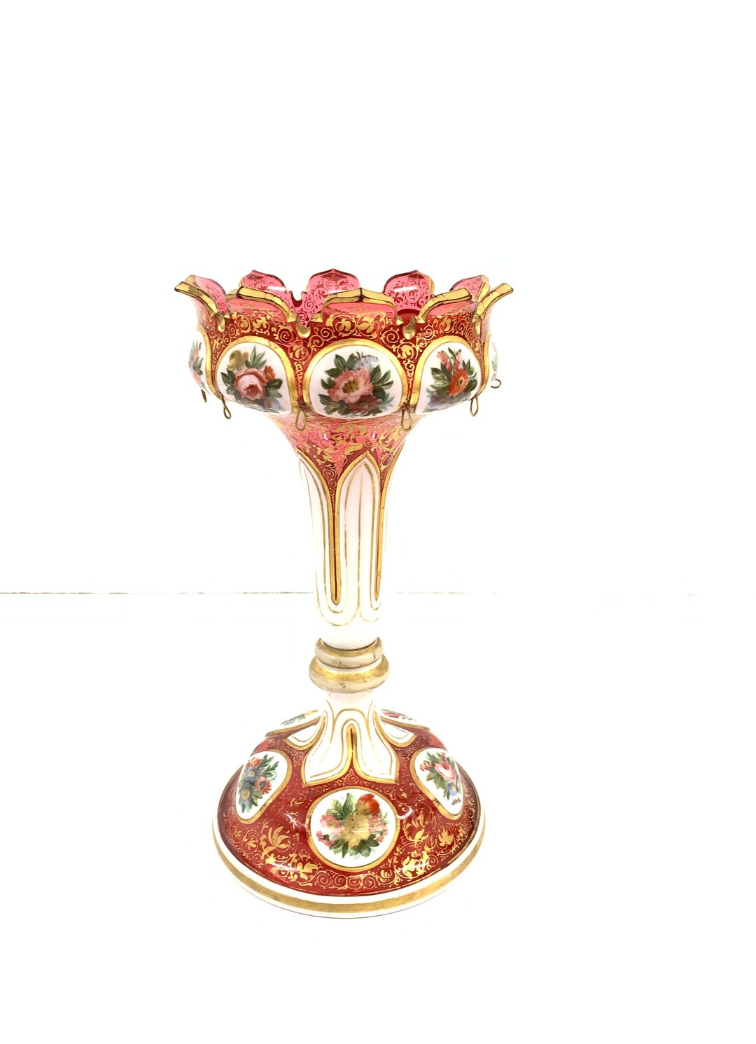 ヴィンテージ ボヘミアン オーバーレイガラス花瓶（金細工