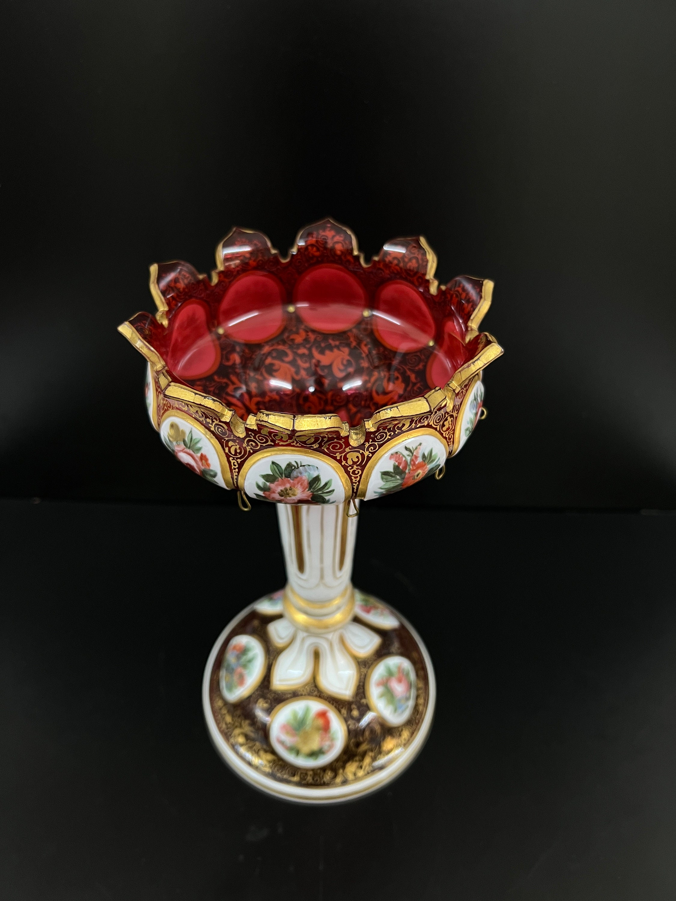 ヴィンテージ ボヘミアン オーバーレイガラス花瓶（金細工