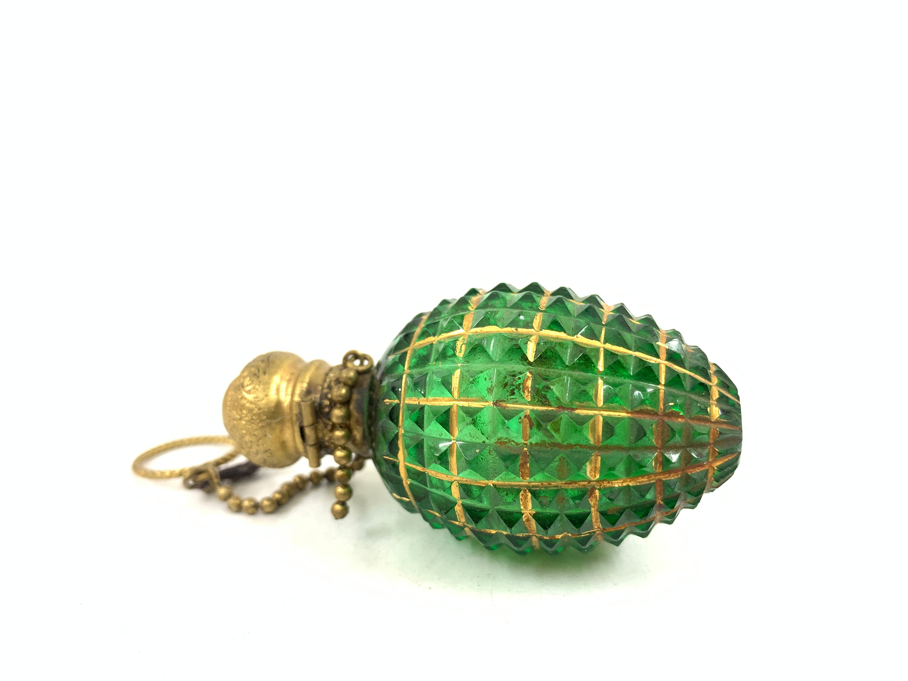 Vintage Egg Shaped Cut glass Green perfume bottle with gold work