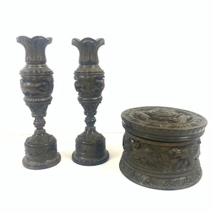 Vintage Ebony wood flower vase and Trinket box with animal hunt| Ebony wood Vase| Ebony wood trinket box| Home decor| art|table decor|Art