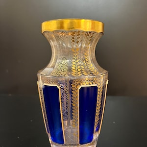Vintage Bohemian Moser Vase in clear glass and blue panels with gold gilt