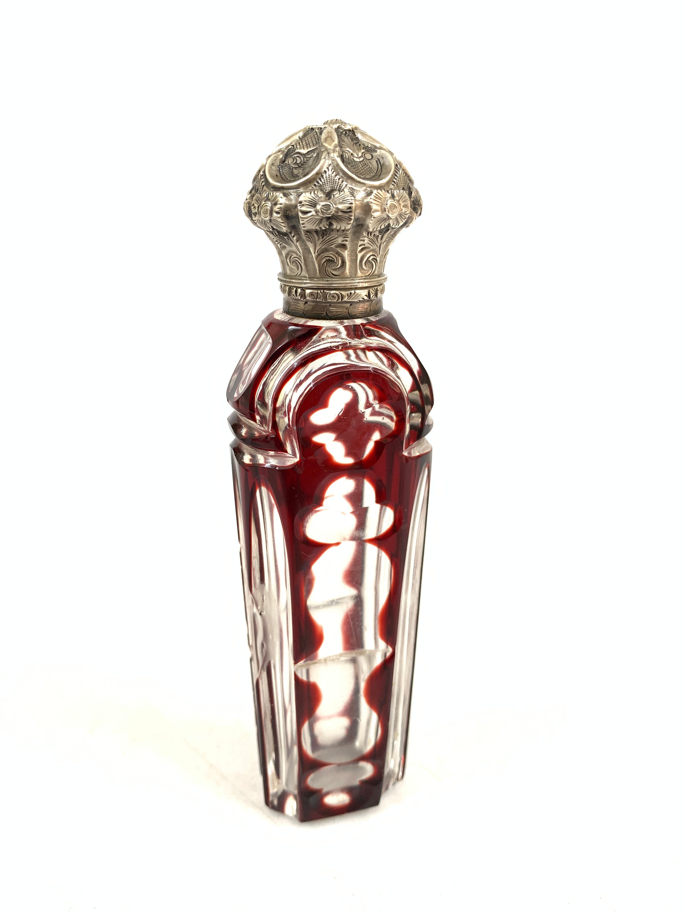 Antique Cranberry Red Overlay Cone Perfume Scent Bottle Silver Lid