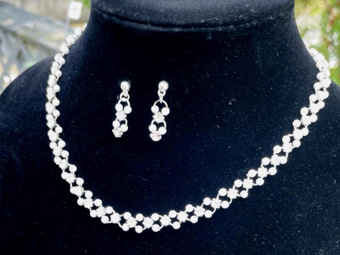Fdesigner Bridal Jewelry Set – Silver Rhinestone & Pearl Necklace & Earrings For Bride & Bridesmaids