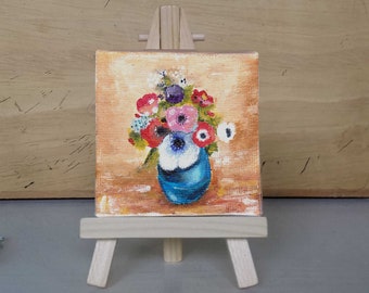 Mini toile 7x7 cm avec chevalet, peinture acrylique, Floral, pour décoration intérieure