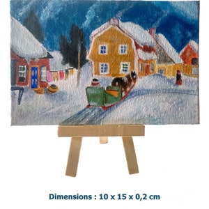 Mini peinture acrylique, carton entoilé, 10 x 15 cm, Paysage d'après Clarence Gagnon (Village laurentien), pour décoration intérieure