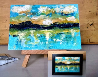 Mini peinture acrylique, 10 x 15 cm, carton entoilé, avec mini chevalet ou cadre photo, paysage soleil couchant, pour décoration intérieure