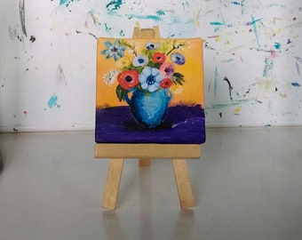 7x7cm Mini Canvas with Easel Acrylic Painting Floral for Home Decor