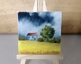 Mini toile 7 x 7 cm, peinture acrylique, avec mini chevalet, paysage, pour décoration intérieure