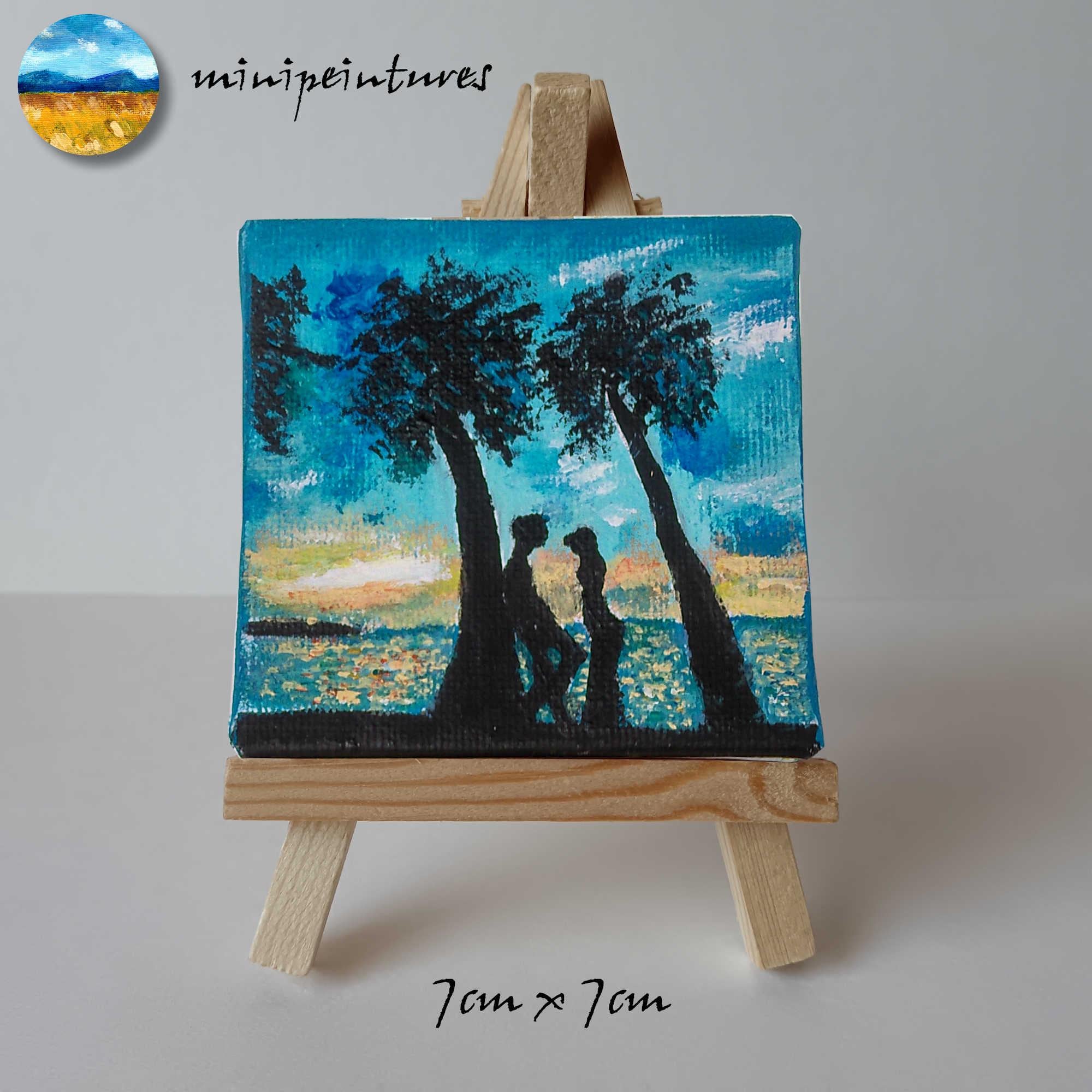 Mini Toile 7 X 7 Cm Avec Chevalet, Peinture Acrylique, Romantique