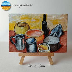 Mini peinture acrylique sur carton entoilé 10 x 15 cm avec chevalet, Nature morte, pour décoration intérieure