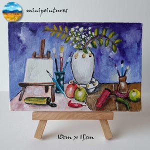 Mini peinture acrylique sur carton entoilé 10 x 15 cm avec chevalet, Nature morte, pour décoration intérieure