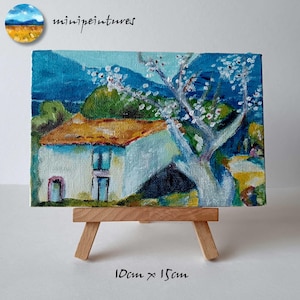 Mini peinture acrylique sur carton entoilé 10 x 15 cm, avec chevalet, paysage d'après Henri Manguin, pour décoration intérieure