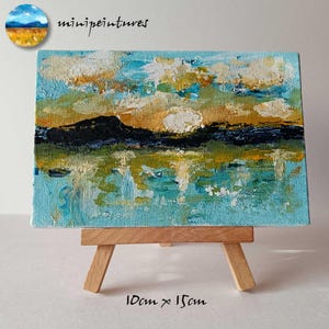 Mini peinture acrylique sur carton entoilé 10x15 cm, avec mini chevalet, paysage soleil couchant, pour décoration intérieure
