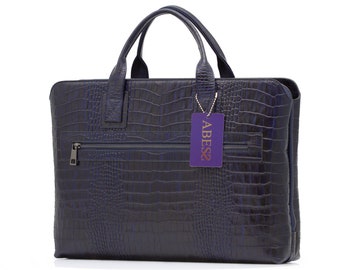 Luxury Navy Leather Laptop Briefcase: Genuine Cowhide, Personalized