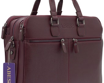 Burgundy Leather Briefcase: ABESS Luxury Laptop Bag