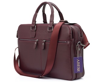 Burgundy Leather Briefcase: ABESS Genuine Cowhide Laptop Bag