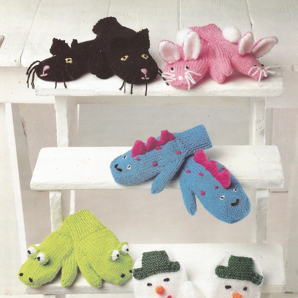 Retro Children's Mitten Gloves Knitting Pattern Age 1 - 8 Years Set of 6 Designs Cat Rabbit Dinosaur Frog Mouse Snowman PDF Digital Download